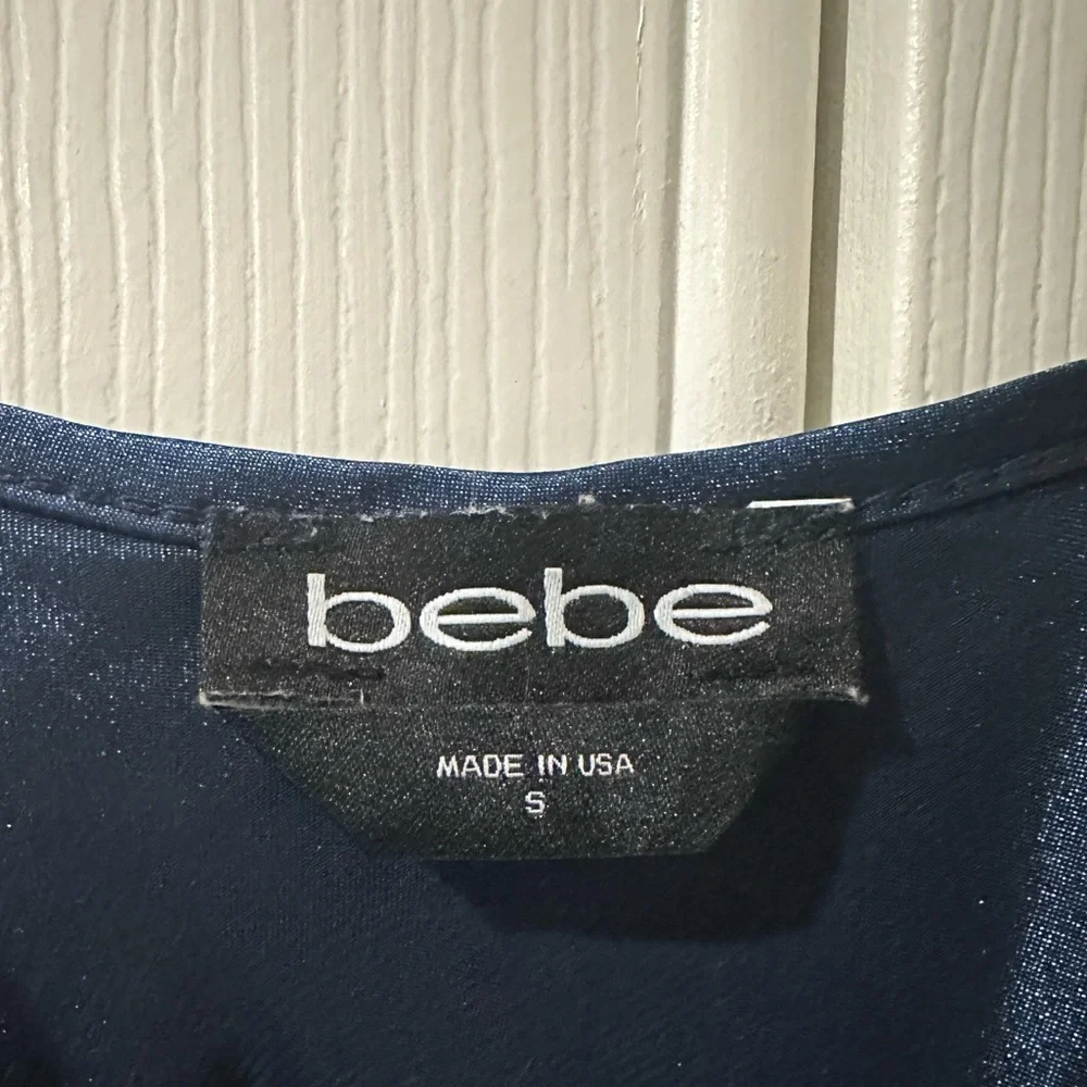Bebe thin strap, navy blue silk dress, knee length with cowl neck - Picture 4 of 5